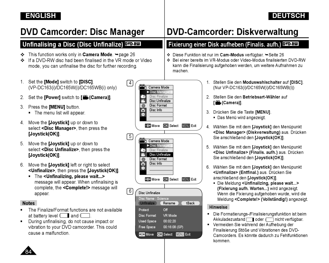 Samsung VP-DC165WI/HAC manual Unﬁnalising a Disc Disc Unﬁnalize DVD-RW, Fixierung einer Disk aufheben Finalis. aufh. DVD-RW 