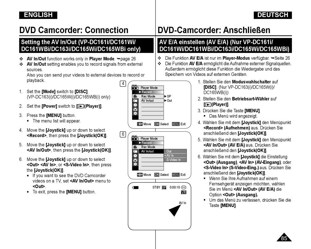 Samsung VP-DC165WI/UMG manual DVD Camcorder Connection DVD-Camcorder Anschließen, AV In/Out AV E/A aus. Drücken Sie 