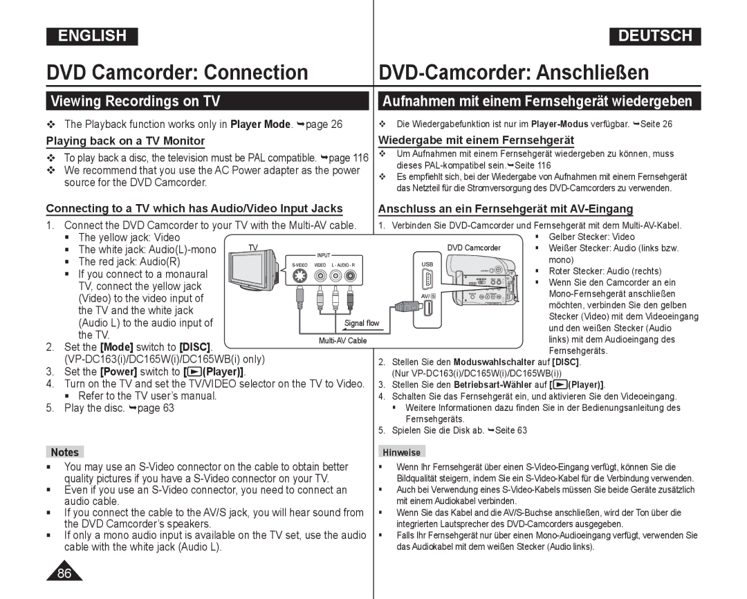 Samsung VP-DC165WI/MEA, VP-DC165WI/HAC manual Viewing Recordings on TV, Aufnahmen mit einem Fernsehgerät wiedergeben 