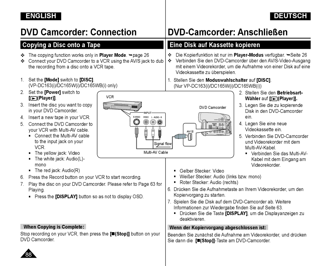 Samsung VP-DC165WI/HAC manual Copying a Disc onto a Tape Eine Disk auf Kassette kopieren, When Copying is Complete 