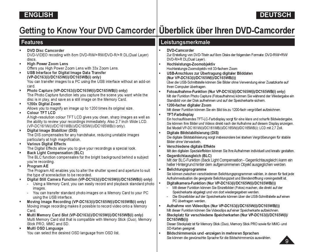 Samsung VP-DC165WI/UMG, VP-DC165WI/HAC, VP-DC165WI/MEA, VP-DC165WI/XEV manual Features, Leistungsmerkmale 