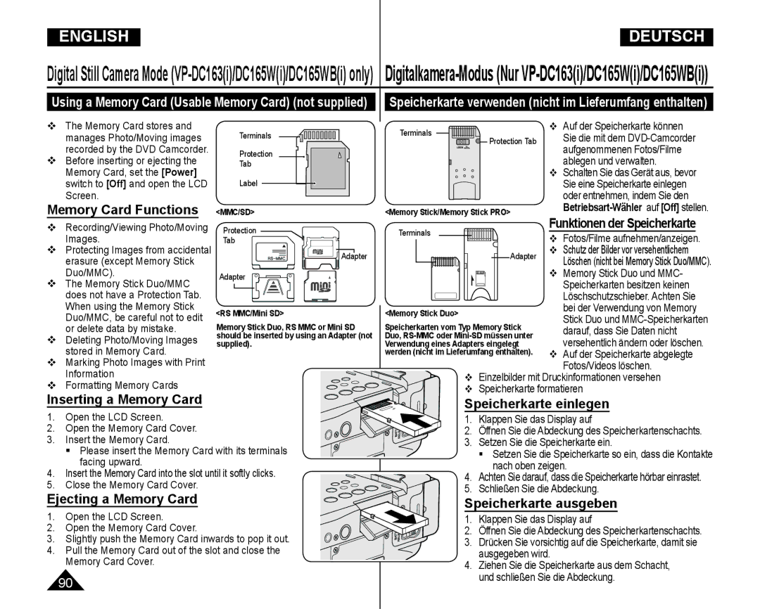 Samsung VP-DC165WI/MEA manual Memory Card Functions, Speicherkarte einlegen, Ejecting a Memory Card, Speicherkarte ausgeben 