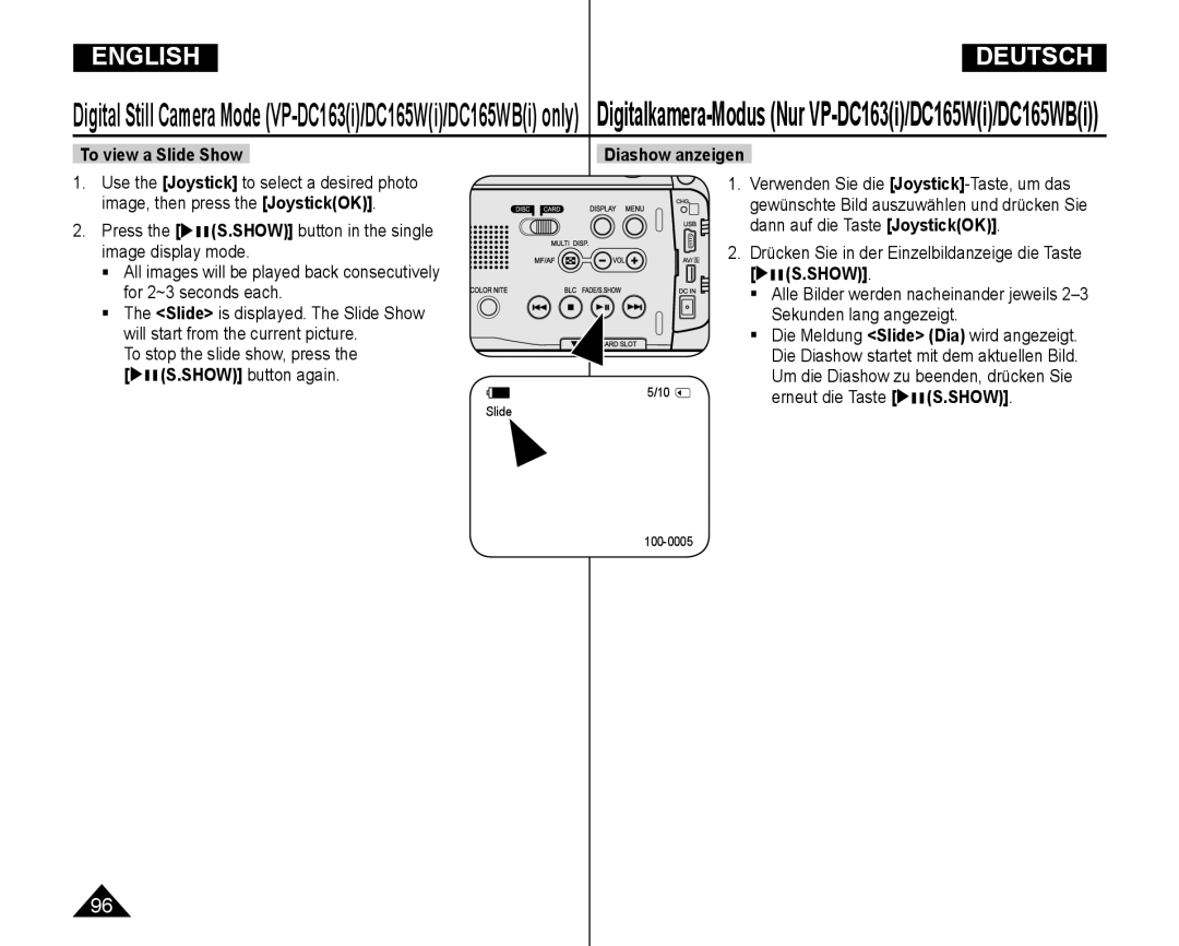 Samsung VP-DC165WI/HAC, VP-DC165WI/UMG manual To view a Slide Show, Diashow anzeigen, S.Show, Sekunden lang angezeigt 