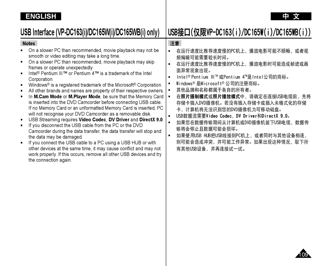 Samsung VP-DC165WI/UMG, VP-DC165WI/HAC, VP-DC165WI/MEA  其他品牌和名称都属于各自的所有者。,  USB数据流需要Video Codec，DV Driver和DirectX 9.0。 