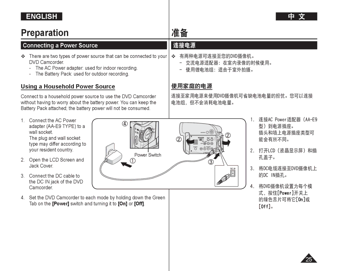 Samsung VP-DC165WI/UMG, VP-DC165WI/HAC manual Connecting a Power Source, 连接电源, Using a Household Power Source, 使用家庭的电源 