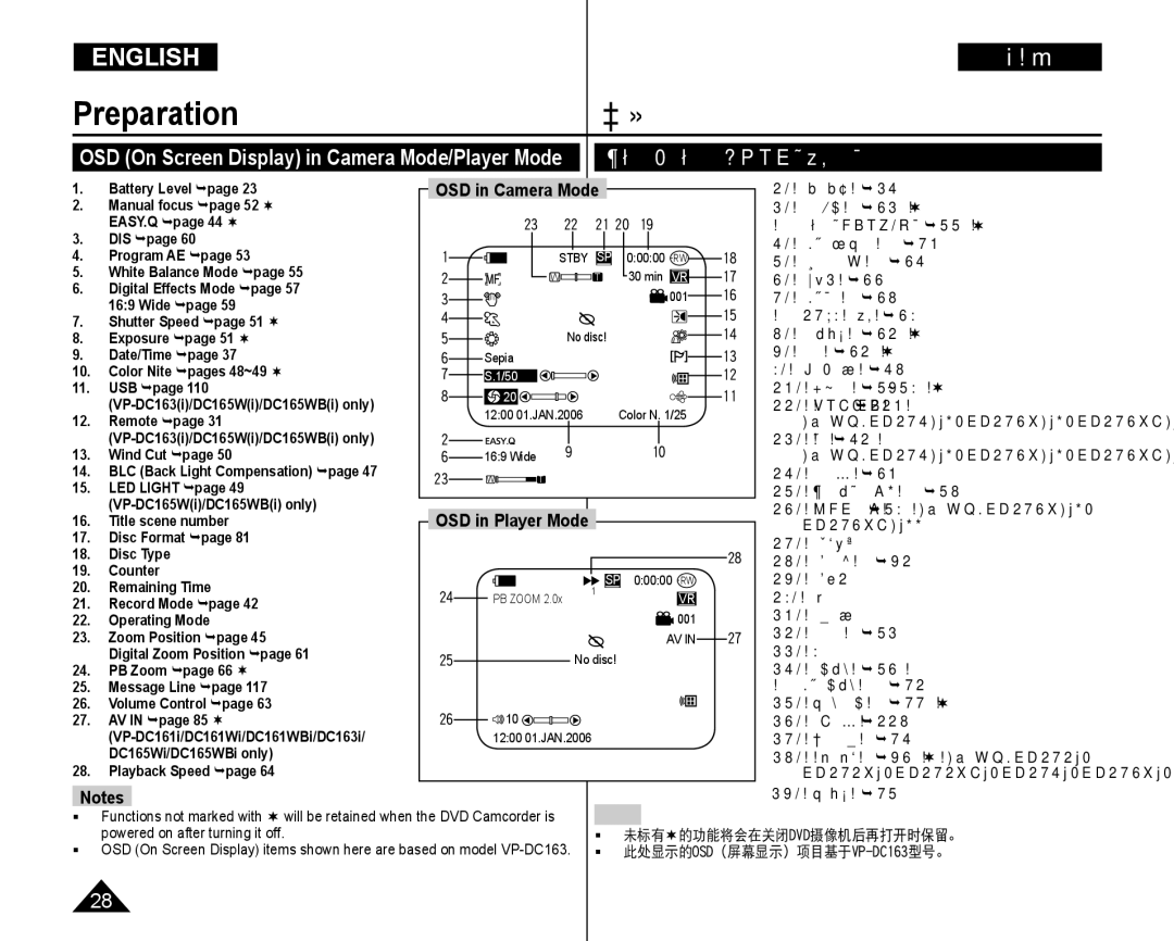 Samsung VP-DC165WI/HAC, VP-DC165WI/UMG, VP-DC165WI/MEA, VP-DC165WI/XEV manual 摄像模式/放像模式下的osd（屏幕显示） 