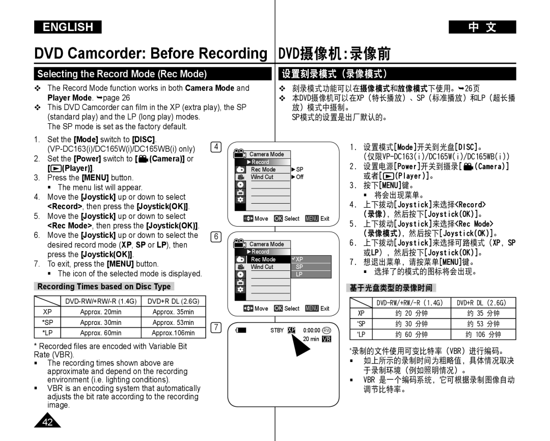 Samsung VP-DC165WI/MEA manual Selecting the Record Mode Rec Mode, 设置刻录模式（录像模式）, Recording Times based on Disc Type 