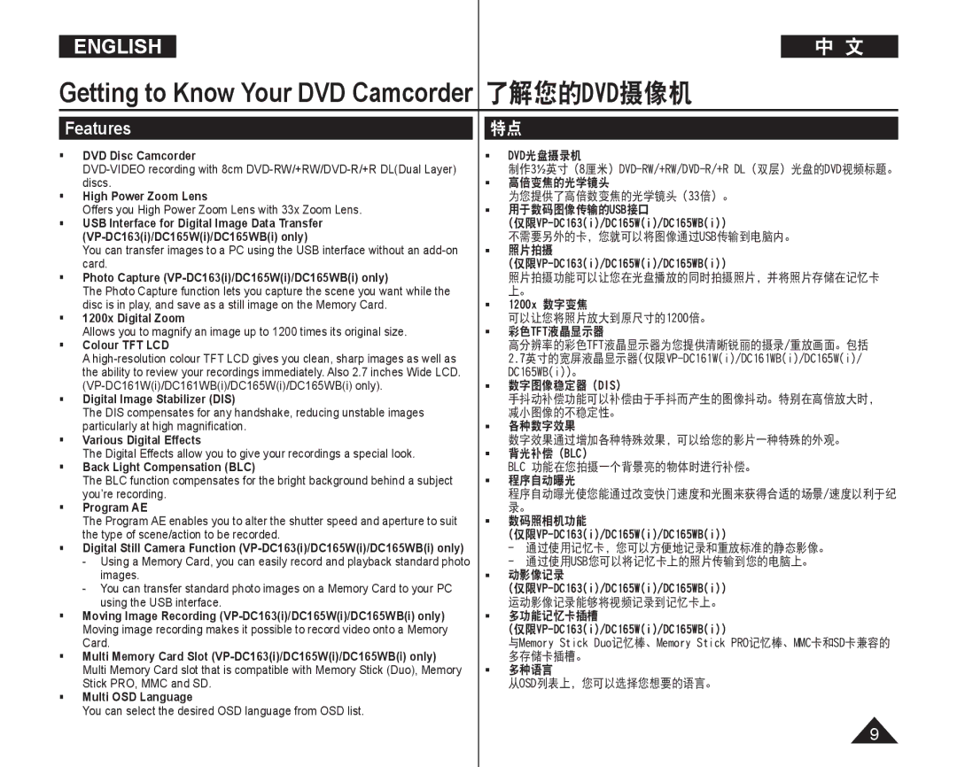 Samsung VP-DC165WI/UMG, VP-DC165WI/HAC, VP-DC165WI/MEA manual Getting to Know Your DVD Camcorder 了解您的DVD摄像机, Features 