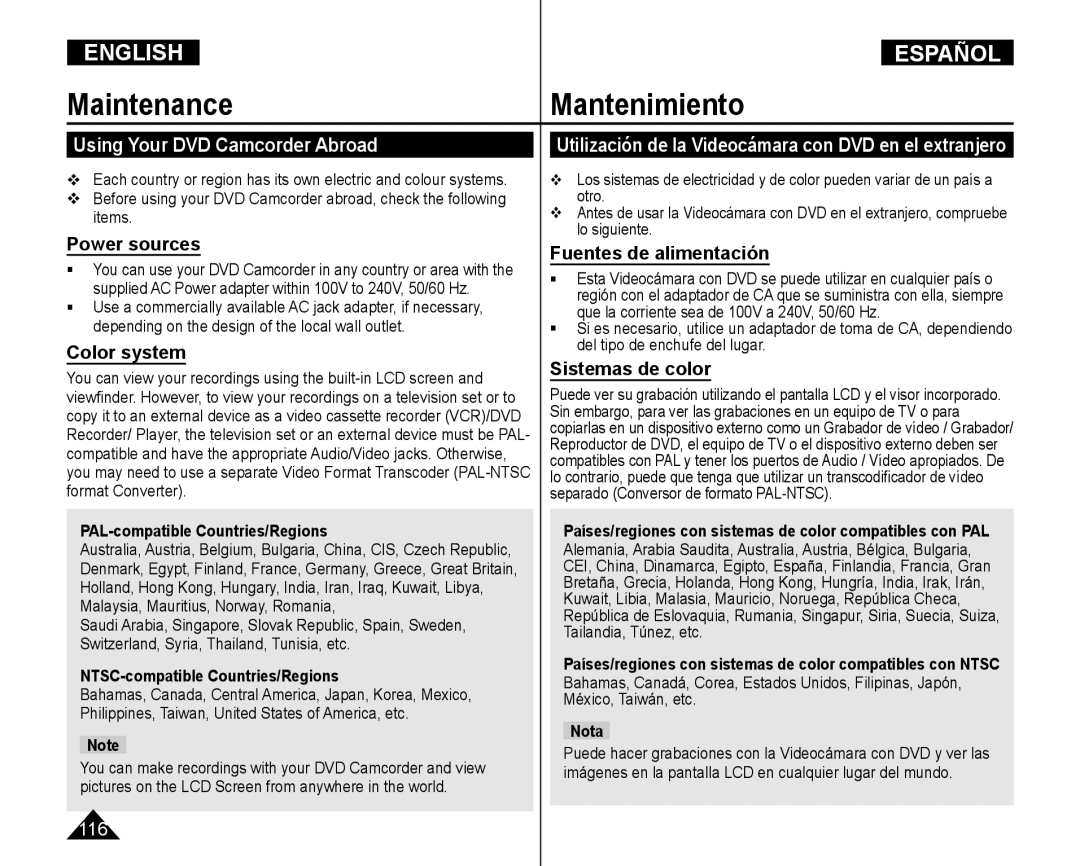 Samsung VP-DC165WI/HAC, VP-DC165WI/UMG, VP-DC165WI/MEA manual Maintenance Mantenimiento, Using Your DVD Camcorder Abroad 