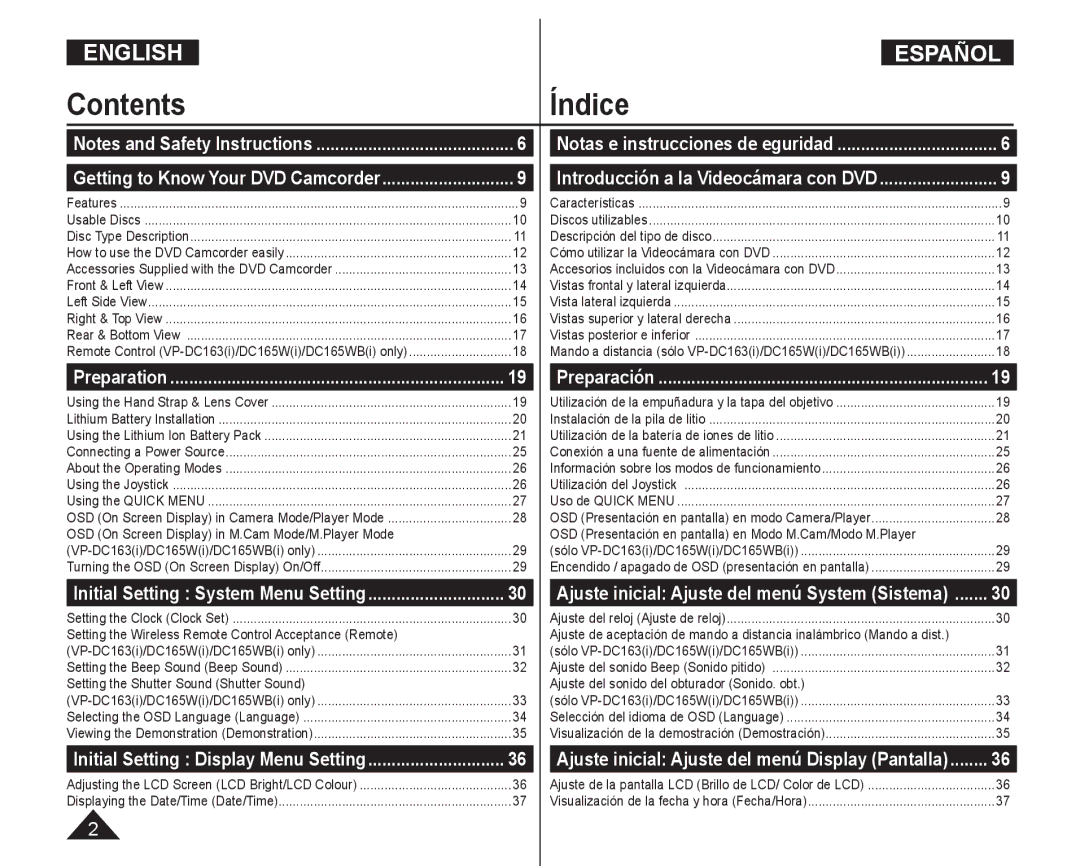 Samsung VP-DC165WI/MEA, VP-DC165WI/HAC, VP-DC165WI/UMG, VP-DC165WI/XEV manual Contents Índice 