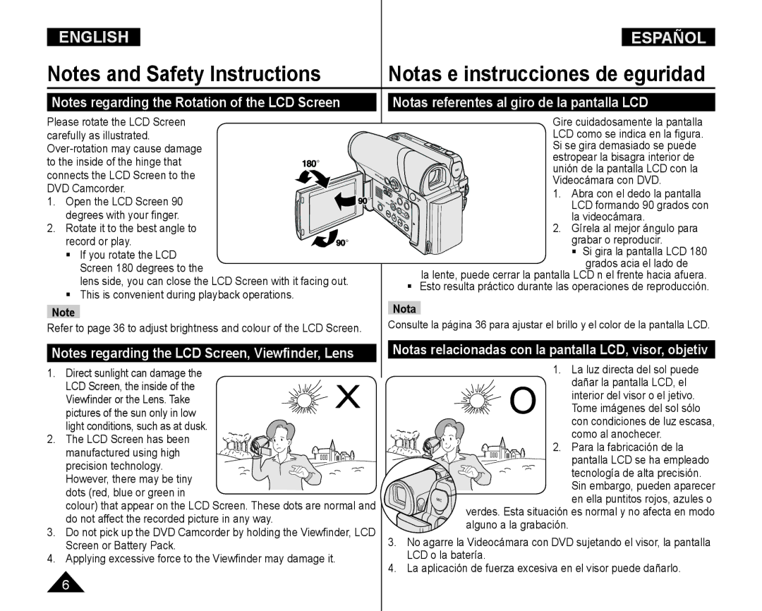 Samsung VP-DC165WI/MEA Notas referentes al giro de la pantalla LCD, Notas relacionadas con la pantalla LCD, visor, objetiv 