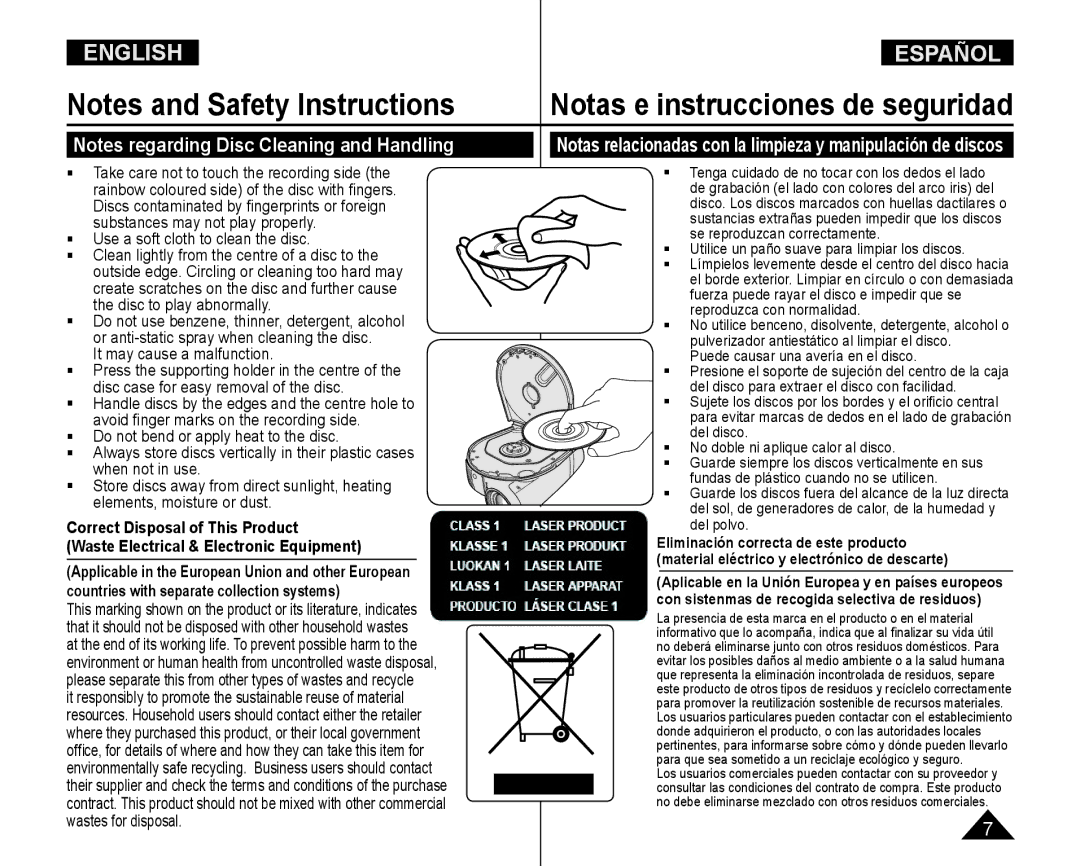 Samsung VP-DC165WI/XEV, VP-DC165WI/HAC, VP-DC165WI/UMG manual Notas relacionadas con la limpieza y manipulación de discos 