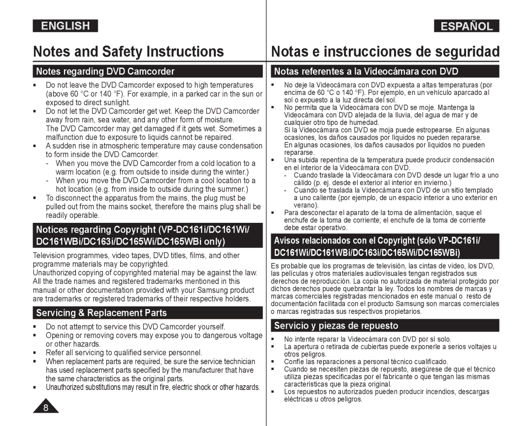 Samsung VP-DC165WI/HAC, VP-DC165WI/UMG manual Servicing & Replacement Parts, Notas referentes a la Videocámara con DVD 