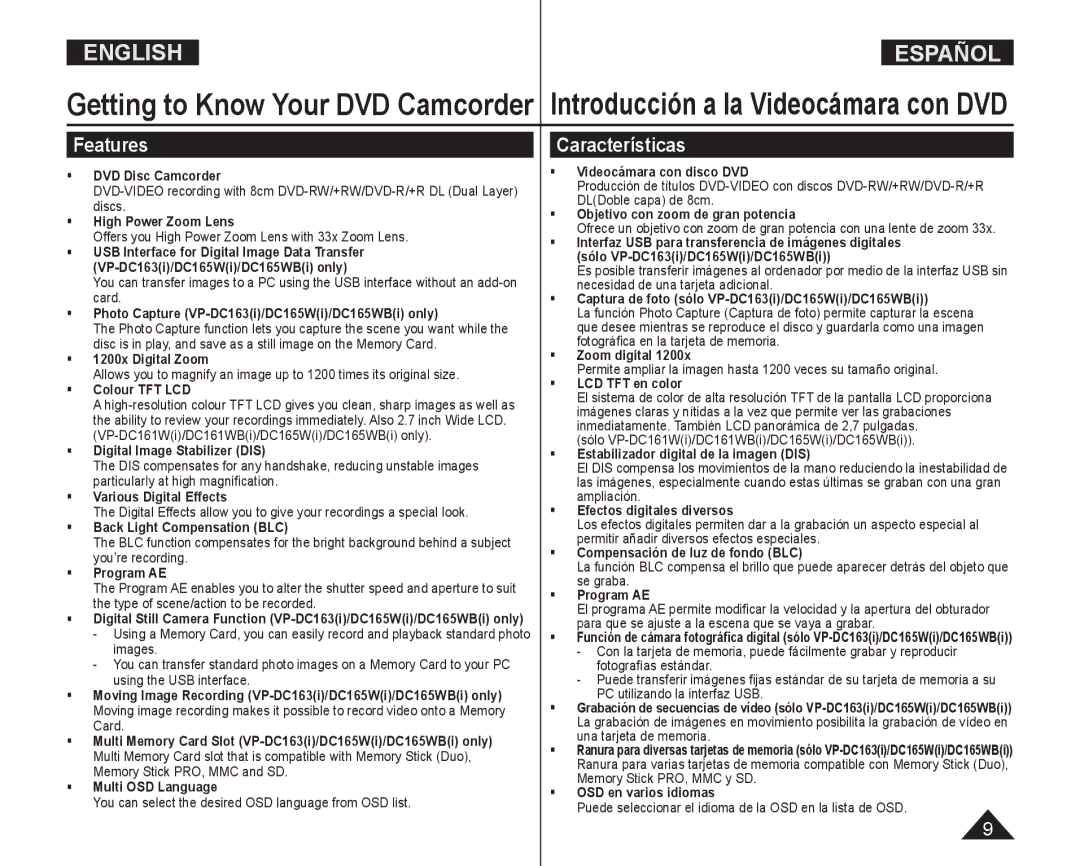 Samsung VP-DC165WI/UMG, VP-DC165WI/HAC, VP-DC165WI/MEA, VP-DC165WI/XEV manual Features, Características 