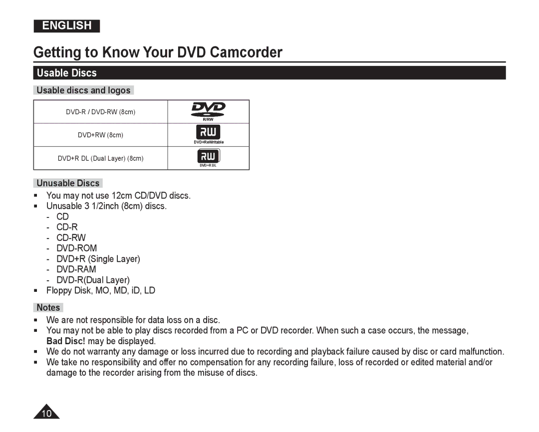 Samsung VP-DC165WI/MEA, VP-DC165WI/HAC manual Usable Discs, Usable discs and logos, Unusable Discs, DVD+R Single Layer 