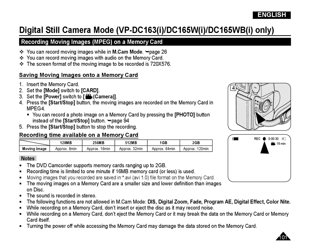 Samsung VP-DC165WI/UMG manual Recording Moving Images Mpeg on a Memory Card, Saving Moving Images onto a Memory Card 