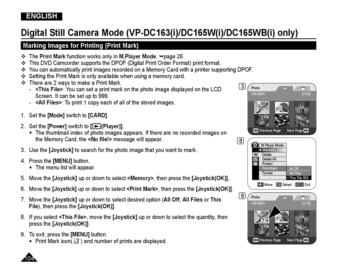 Samsung VP-DC165WI/HAC, VP-DC165WI/UMG manual Set the Mode switch to Card, Memory Card, the No ﬁle! message will appear 