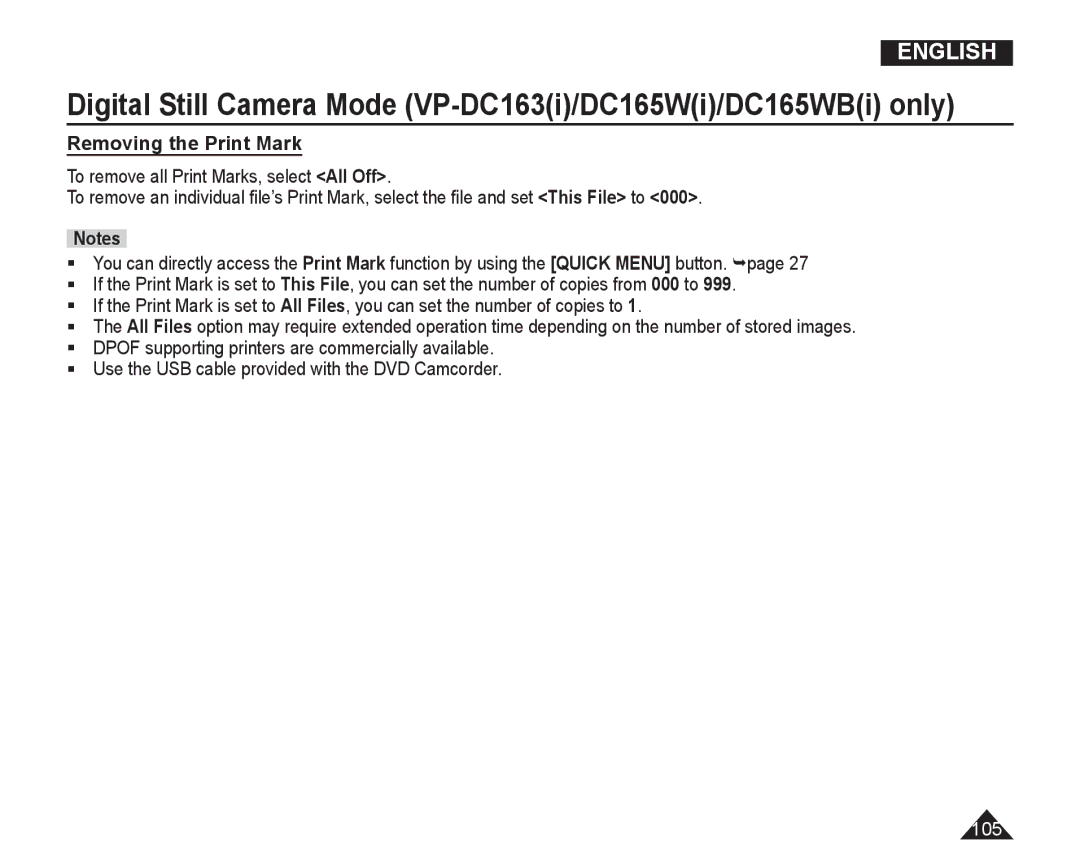 Samsung VP-DC165WI/UMG, VP-DC165WI/HAC Digital Still Camera Mode VP-DC163i/DC165Wi/DC165WBi only, Removing the Print Mark 