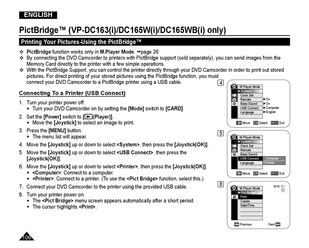 Samsung VP-DC165WI/MEA manual PictBridge VP-DC163i/DC165Wi/DC165WBi only, Printing Your Pictures-Using the PictBridge 