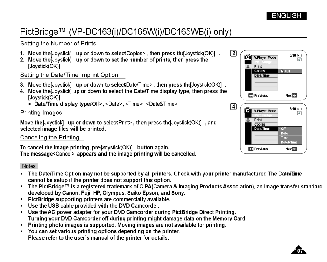 Samsung VP-DC165WI/XEV, VP-DC165WI/HAC Setting the Number of Prints, Setting the Date/Time Imprint Option, Printing Images 