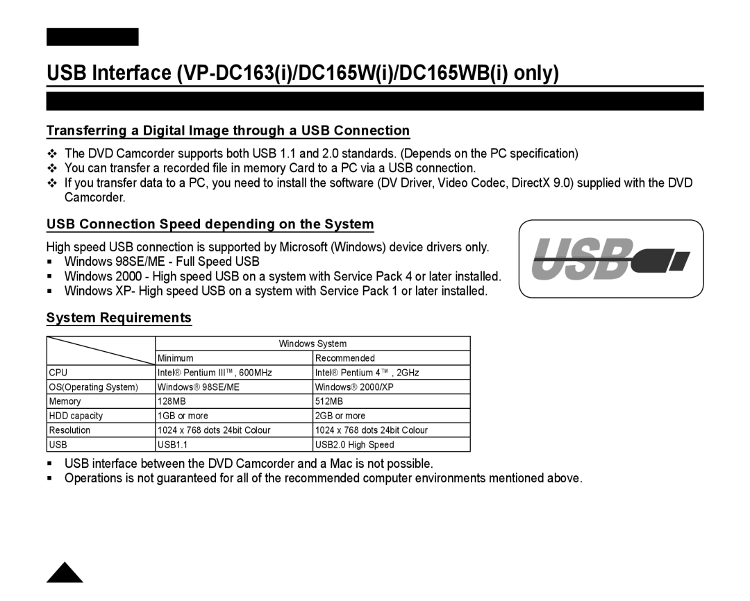 Samsung VP-DC165WI/HAC manual USB Interface VP-DC163i/DC165Wi/DC165WBi only, Using USB Interface, System Requirements 