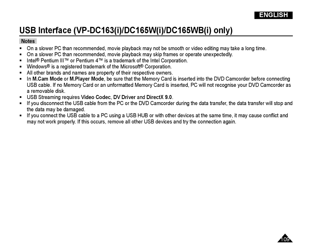 Samsung VP-DC165WI/UMG, VP-DC165WI/HAC, VP-DC165WI/MEA manual  USB Streaming requires Video Codec, DV Driver and DirectX 