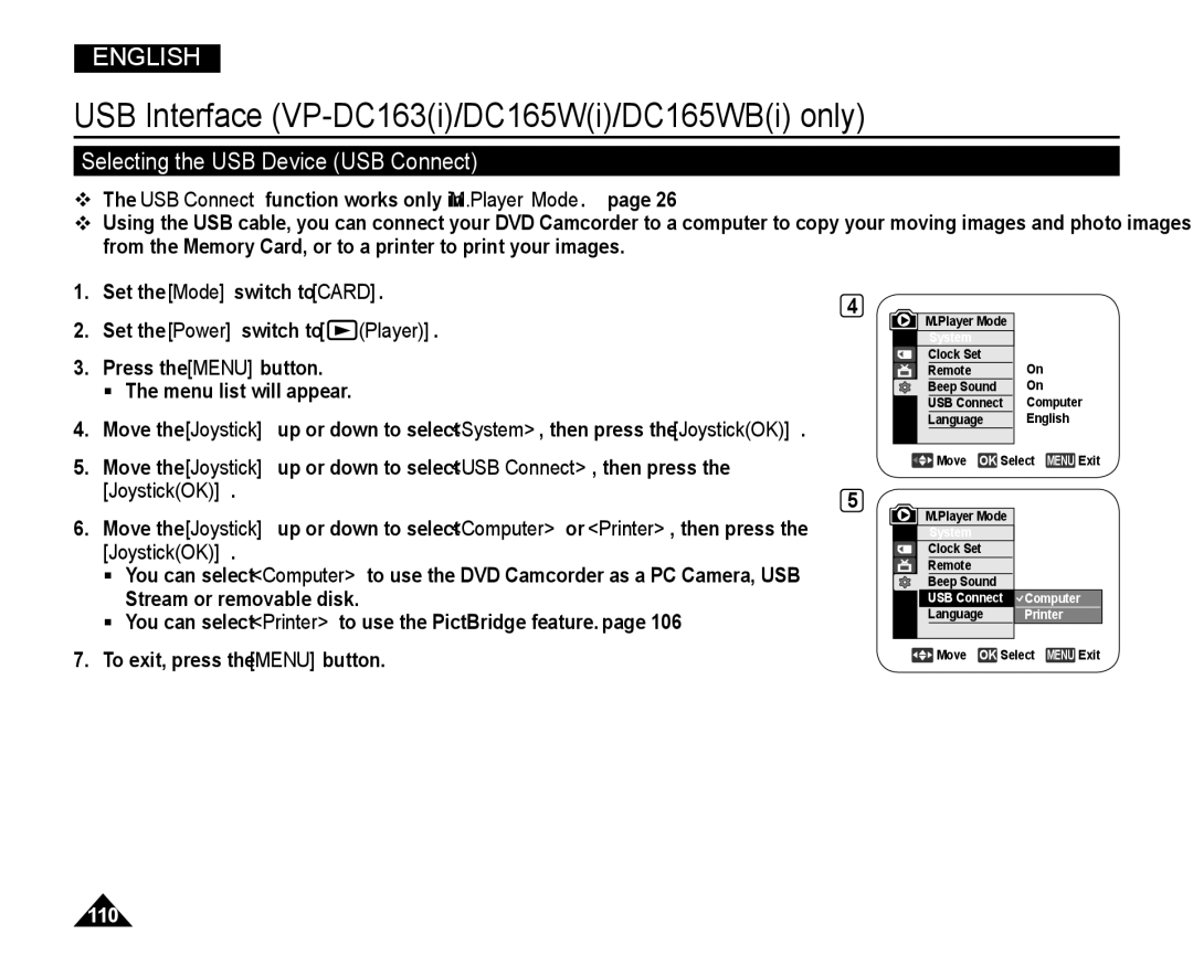 Samsung VP-DC165WI/MEA, VP-DC165WI/HAC, VP-DC165WI/UMG, VP-DC165WI/XEV manual Selecting the USB Device USB Connect 