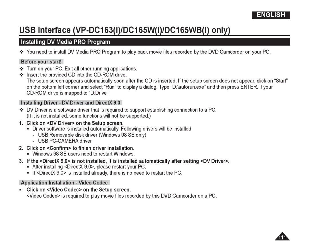 Samsung VP-DC165WI/XEV manual Installing DV Media PRO Program, Before your start, Installing Driver DV Driver and DirectX 