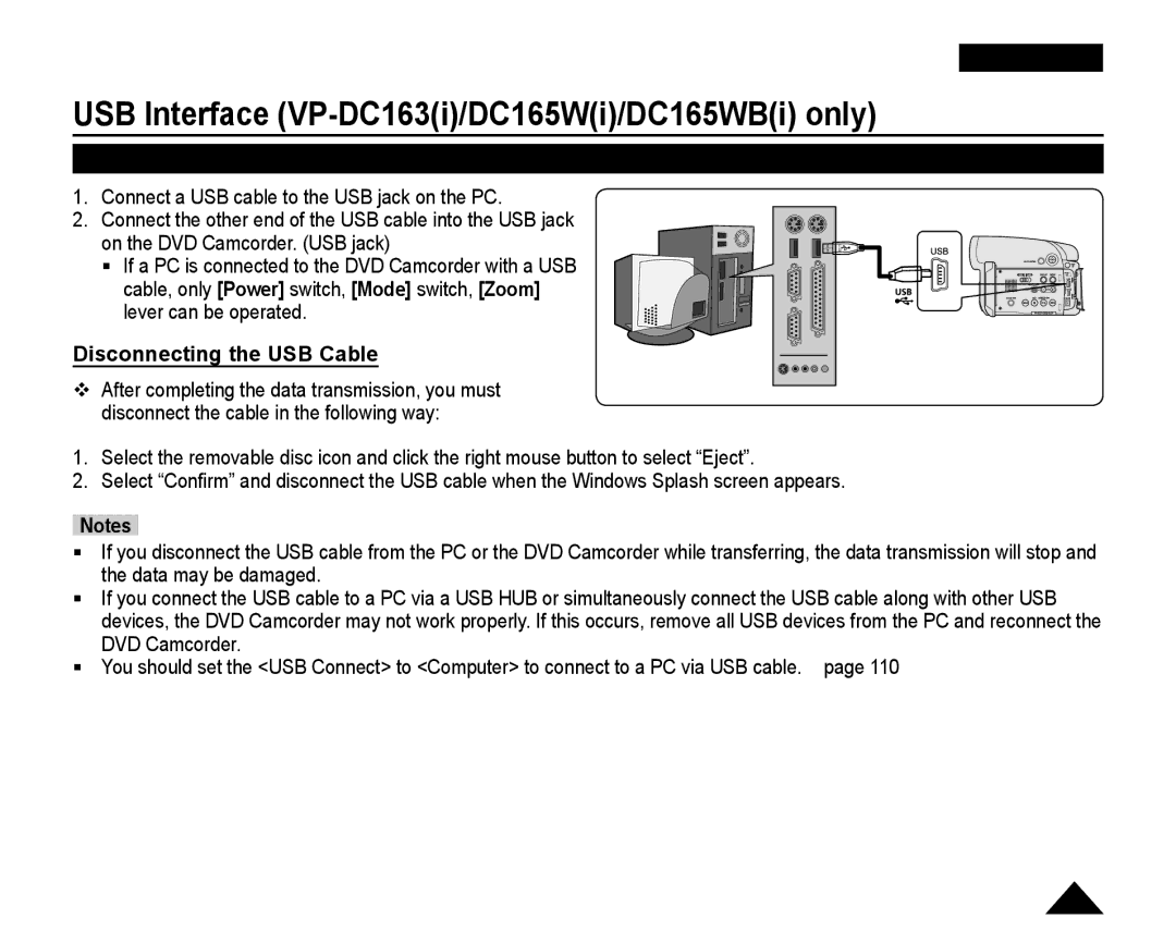 Samsung VP-DC165WI/UMG, VP-DC165WI/HAC, VP-DC165WI/MEA, VP-DC165WI/XEV manual Connecting to a PC, Disconnecting the USB Cable 