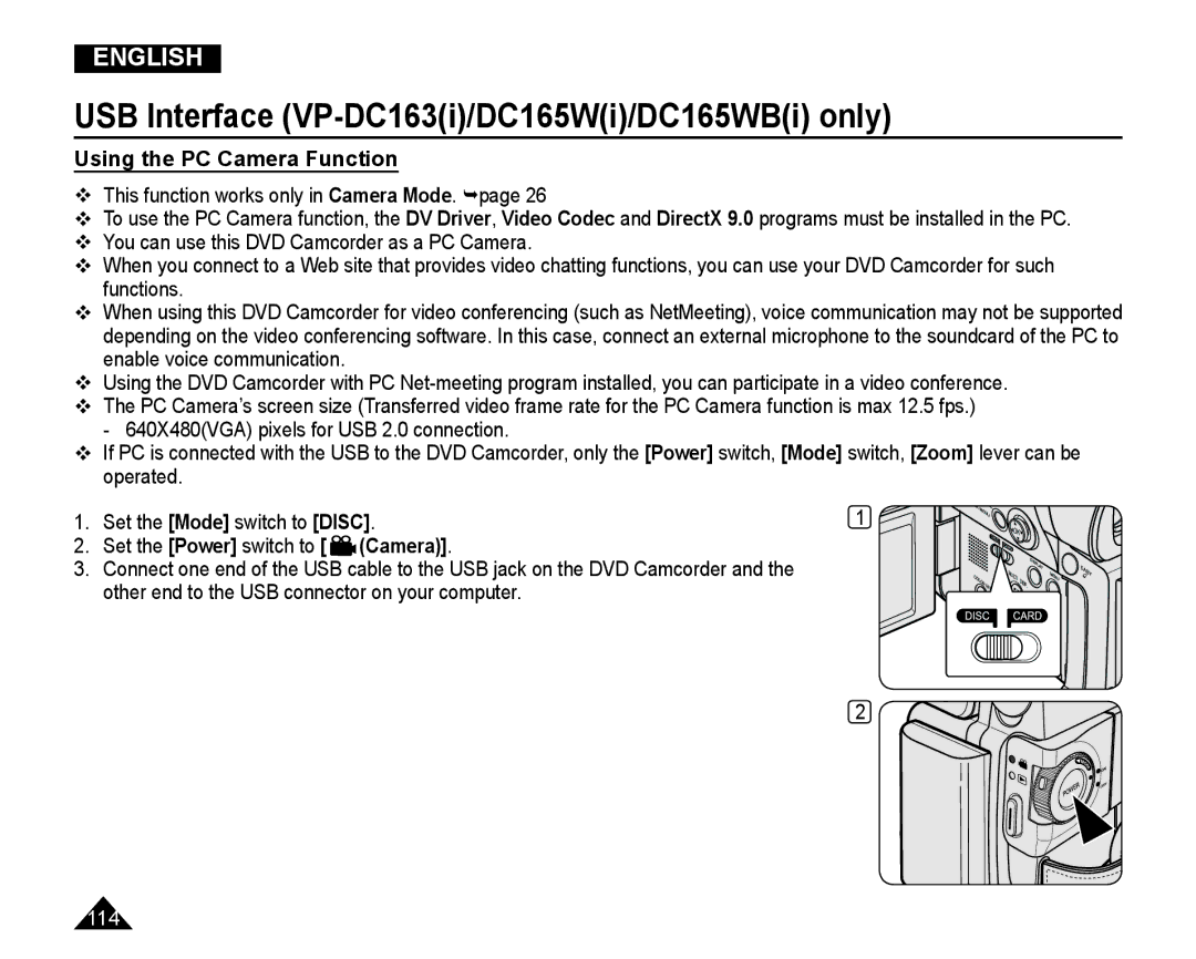 Samsung VP-DC165WI/MEA, VP-DC165WI/HAC manual Using the PC Camera Function, Other end to the USB connector on your computer 