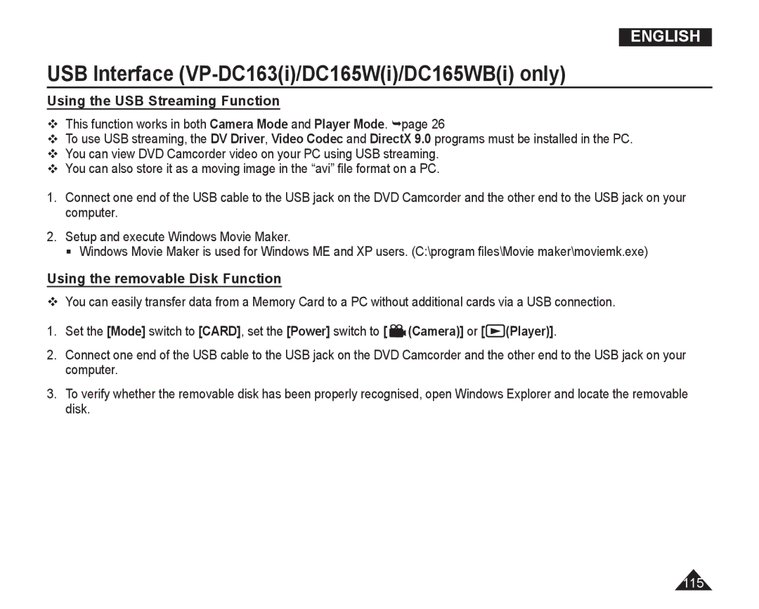 Samsung VP-DC165WI/XEV, VP-DC165WI/HAC, VP-DC165WI/UMG Using the USB Streaming Function, Using the removable Disk Function 