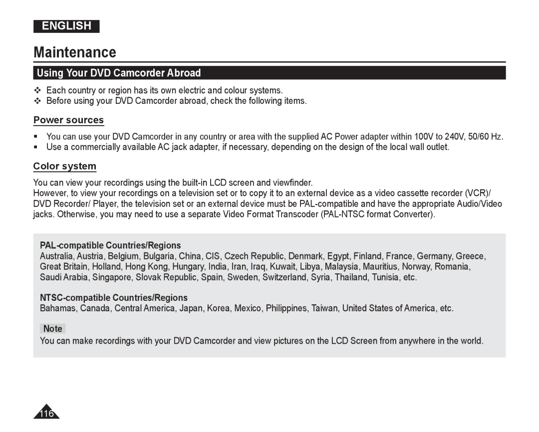 Samsung VP-DC165WI/HAC, VP-DC165WI/UMG, VP-DC165WI/MEA, VP-DC165WI/XEV manual Maintenance, Using Your DVD Camcorder Abroad 