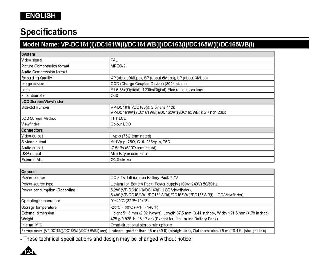 Samsung VP-DC165WI/HAC, VP-DC165WI/UMG, VP-DC165WI/MEA, VP-DC165WI/XEV manual Speciﬁcations, System 