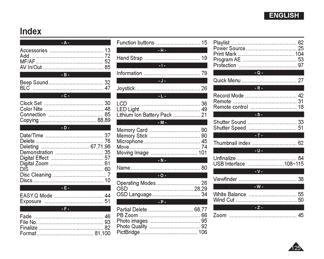 Samsung VP-DC165WI/UMG, VP-DC165WI/HAC, VP-DC165WI/MEA, VP-DC165WI/XEV manual Index 