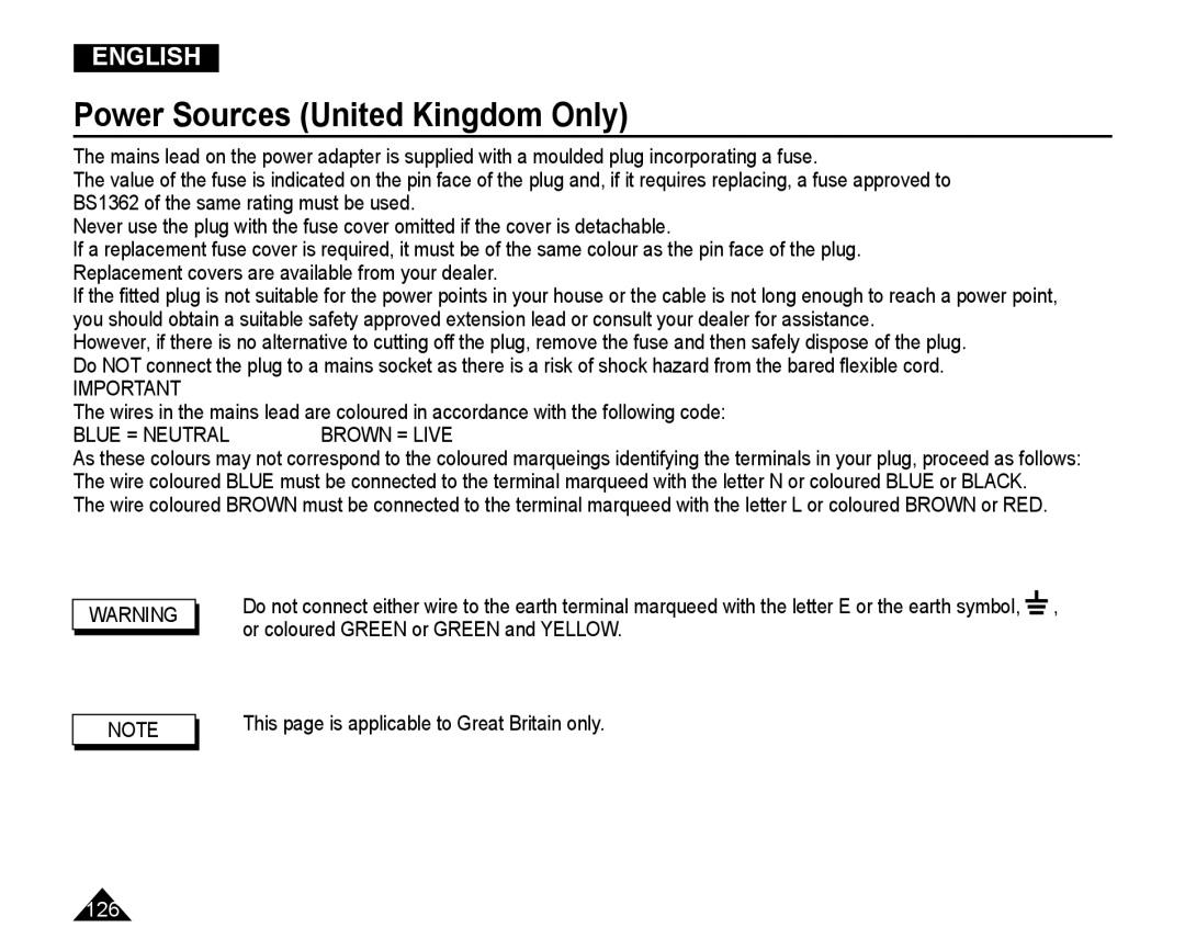 Samsung VP-DC165WI/MEA, VP-DC165WI/HAC, VP-DC165WI/UMG manual Power Sources United Kingdom Only, Blue = Neutral Brown = Live 