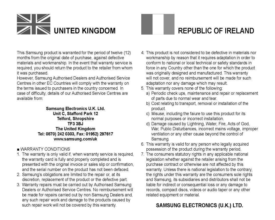 Samsung VP-DC165WI/XEV, VP-DC165WI/HAC, VP-DC165WI/UMG, VP-DC165WI/MEA manual United Kingdom 