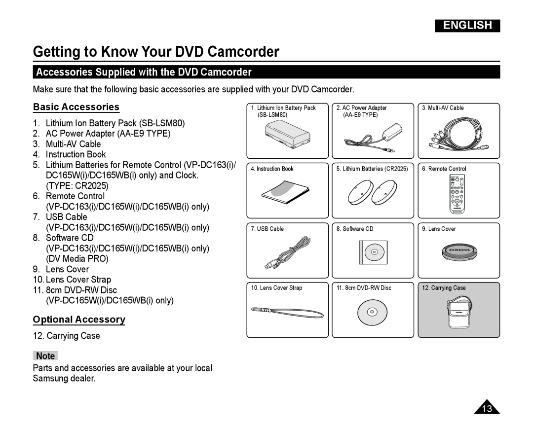 Samsung VP-DC165WI/UMG Accessories Supplied with the DVD Camcorder, Basic Accessories, Type CR2025, Optional Accessory 