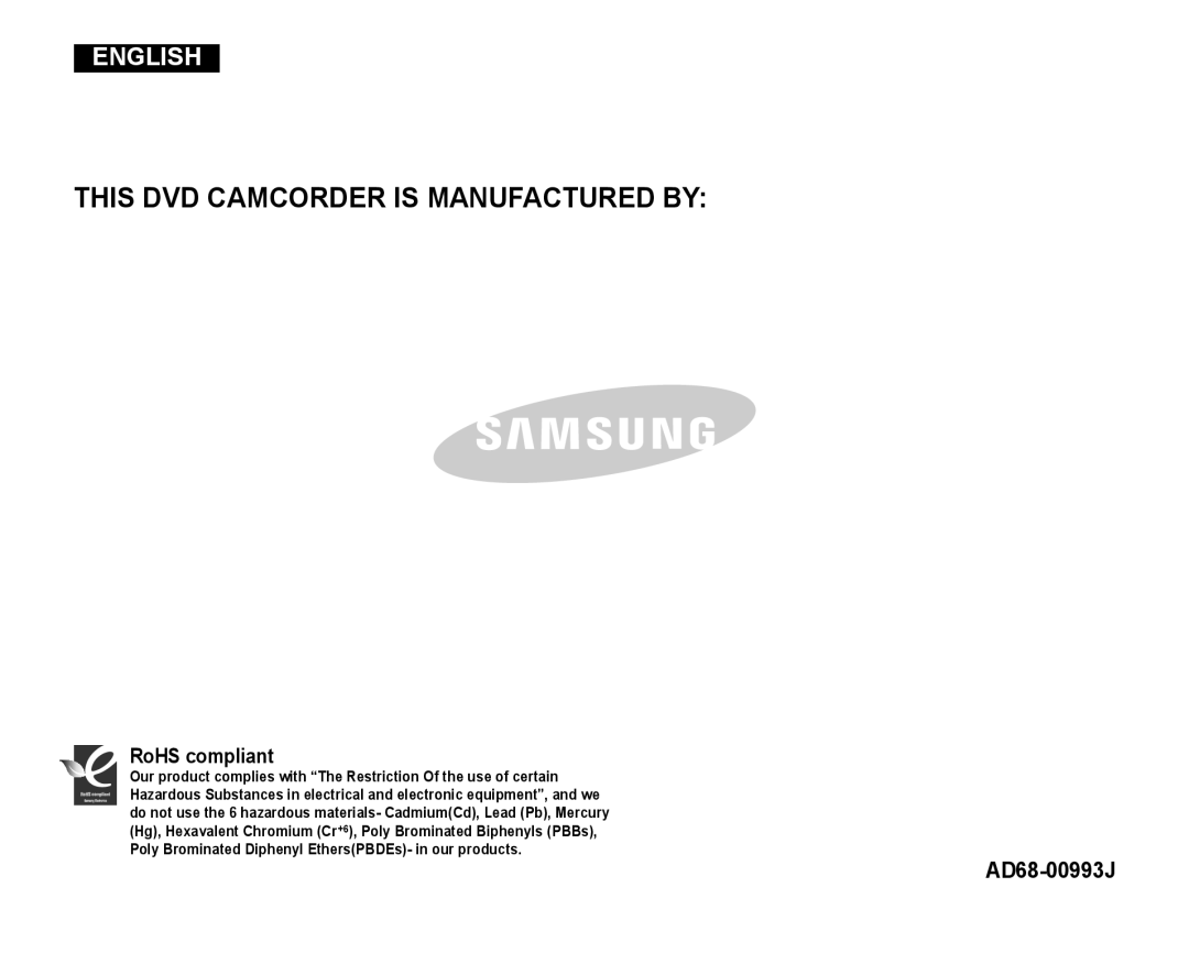 Samsung VP-DC165WI/HAC, VP-DC165WI/UMG, VP-DC165WI/MEA, VP-DC165WI/XEV manual RoHS compliant, AD68-00993J 