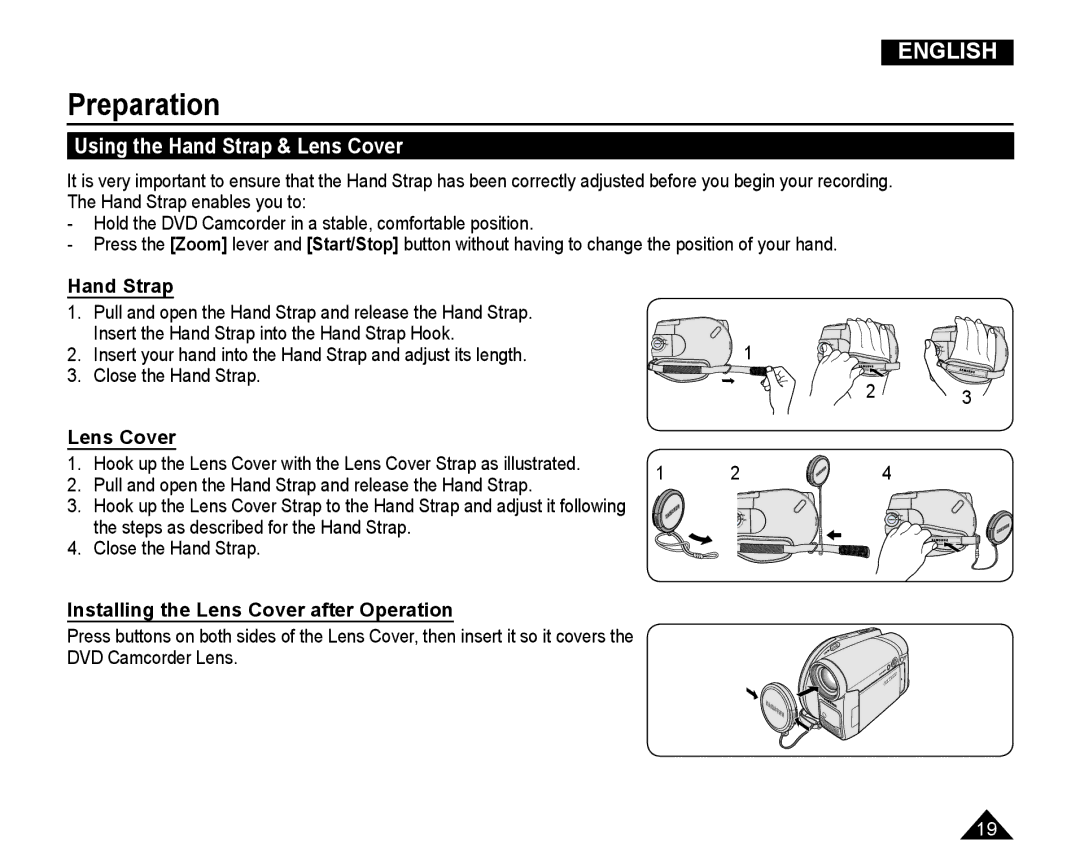 Samsung VP-DC165WI/XEV manual Preparation, Using the Hand Strap & Lens Cover, Installing the Lens Cover after Operation 