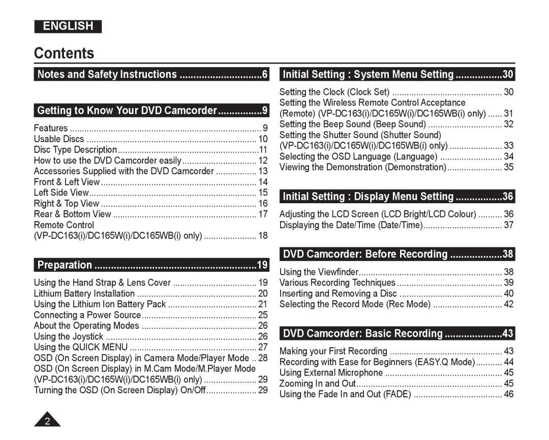 Samsung VP-DC165WI/MEA, VP-DC165WI/HAC, VP-DC165WI/UMG, VP-DC165WI/XEV manual Contents 