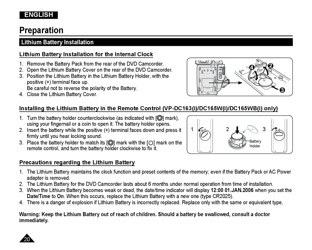 Samsung VP-DC165WI/HAC manual Lithium Battery Installation for the Internal Clock, ﬁrmly until you hear locking sound 