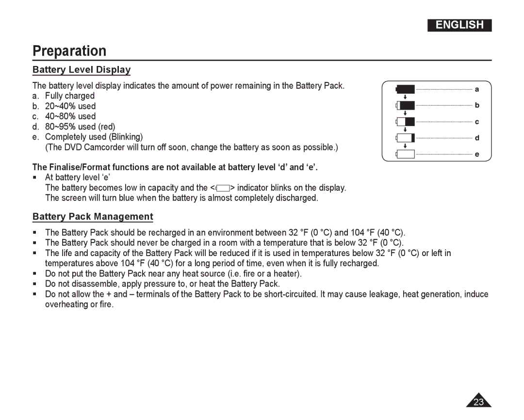 Samsung VP-DC165WI/XEV, VP-DC165WI/HAC manual Battery Level Display,  At battery level ‘e’, Battery Pack Management 