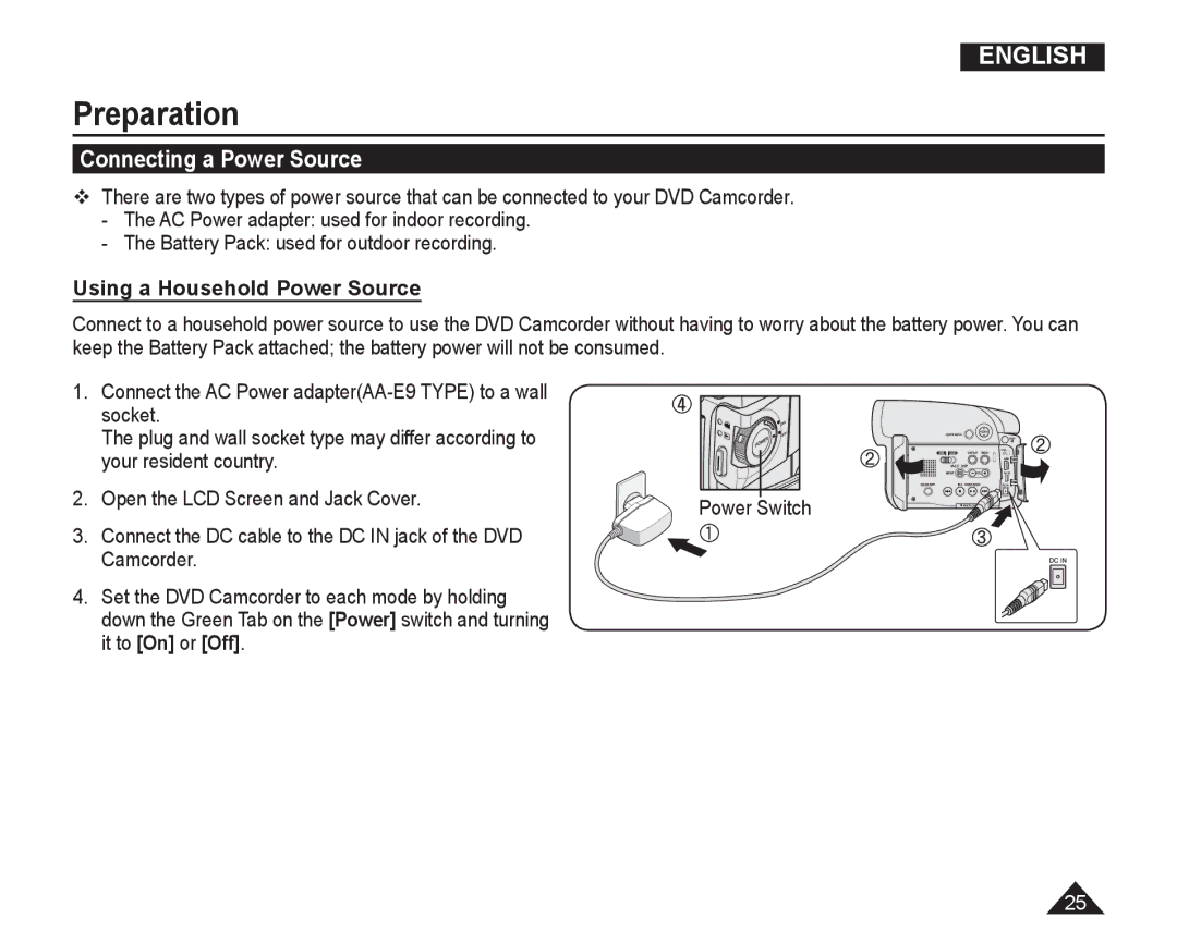 Samsung VP-DC165WI/UMG, VP-DC165WI/HAC, VP-DC165WI/MEA manual Connecting a Power Source, Using a Household Power Source 