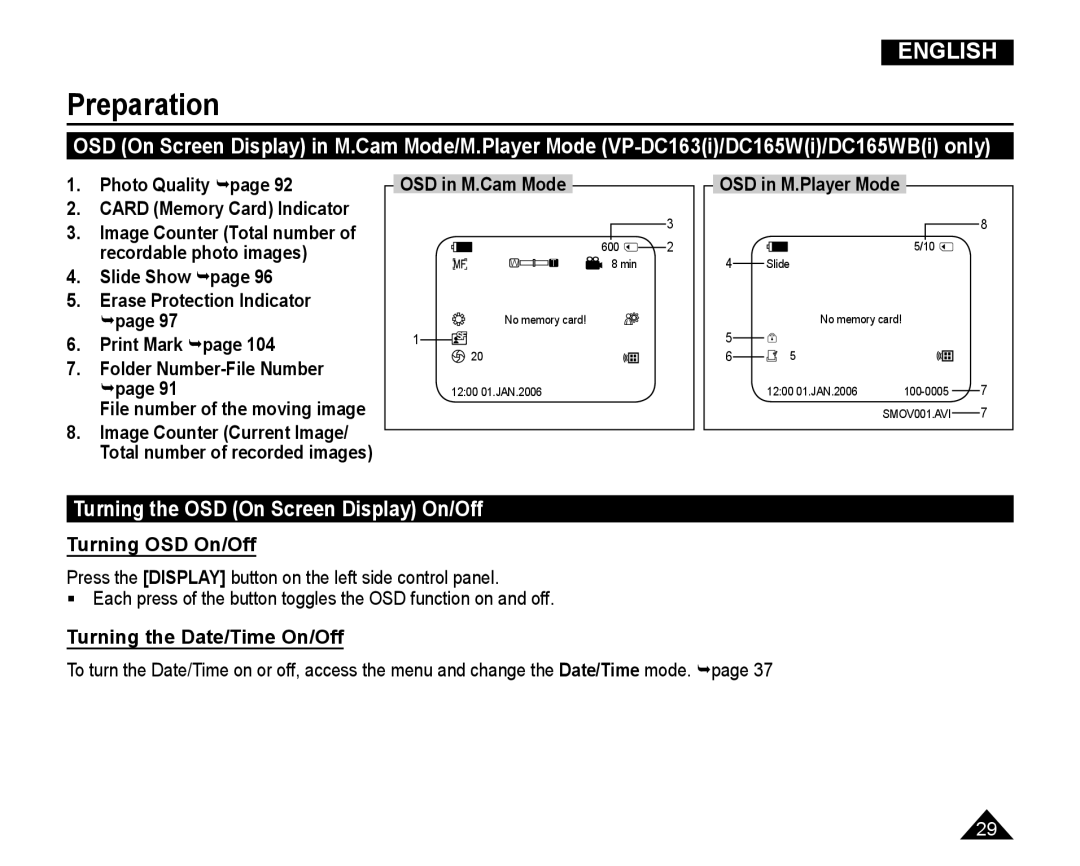 Samsung VP-DC165WI/UMG, VP-DC165WI/HAC, VP-DC165WI/MEA, VP-DC165WI/XEV manual Turning the OSD On Screen Display On/Off 