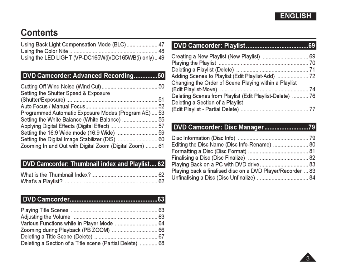 Samsung VP-DC165WI/XEV manual DVD Camcorder, Setting the Shutter Speed & Exposure, Deleting a Section of a Playlist 