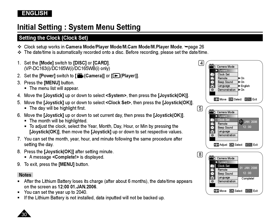 Samsung VP-DC165WI/MEA, VP-DC165WI/HAC manual Initial Setting System Menu Setting, Setting the Clock Clock Set, Camera or 