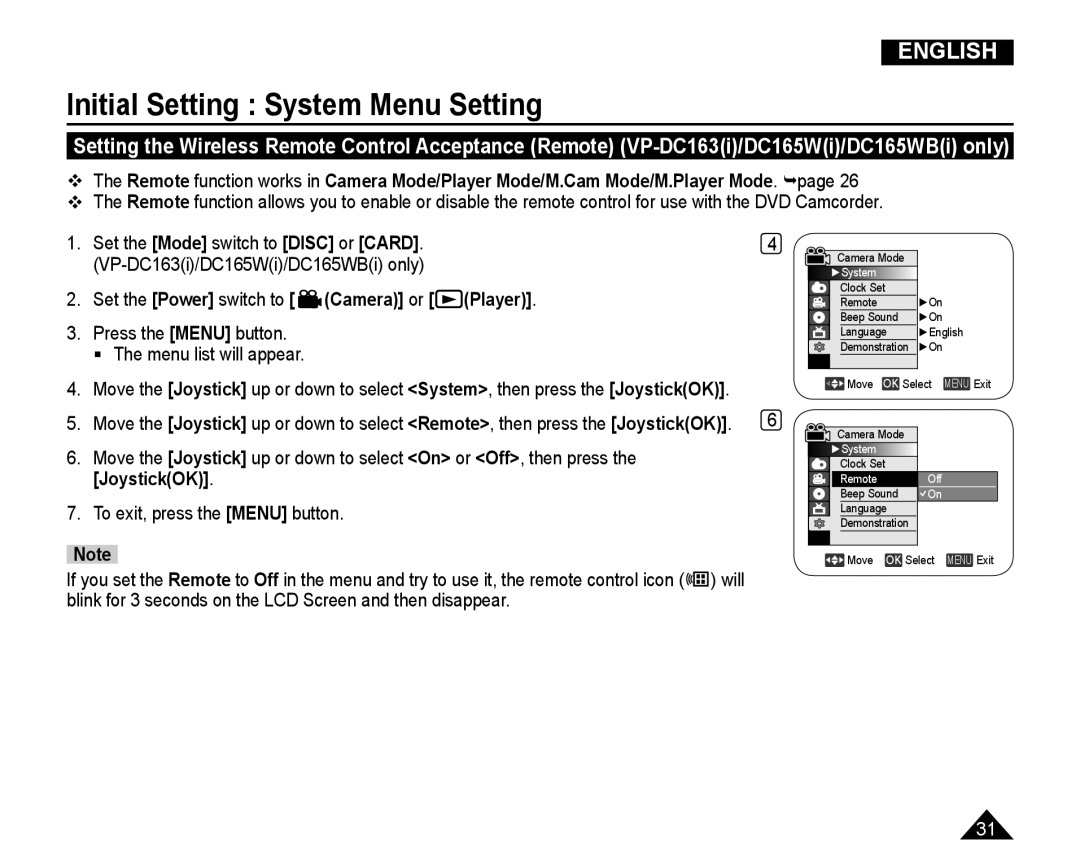 Samsung VP-DC165WI/XEV, VP-DC165WI/HAC, VP-DC165WI/UMG, VP-DC165WI/MEA manual Remote Off 