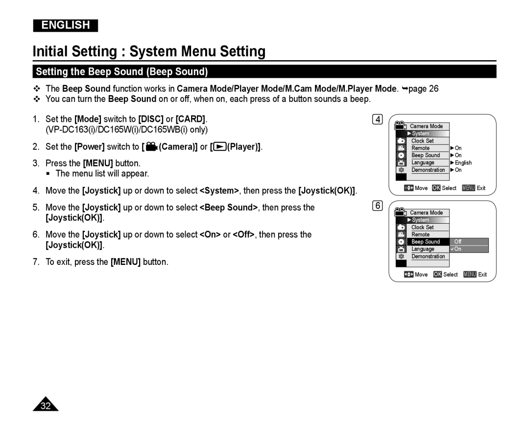 Samsung VP-DC165WI/HAC, VP-DC165WI/UMG, VP-DC165WI/MEA, VP-DC165WI/XEV manual Setting the Beep Sound Beep Sound 