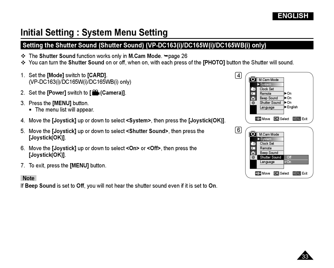 Samsung VP-DC165WI/UMG, VP-DC165WI/HAC, VP-DC165WI/MEA manual  The Shutter Sound function works only in M.Cam Mode. page 