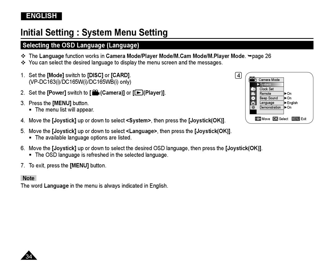 Samsung VP-DC165WI/MEA manual Selecting the OSD Language Language, VP-DC163i/DC165Wi/DC165WBi only, Camera or Player 